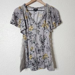 Delectable x Anthropologie Floral Flutter Sleeve Lace Sides Blouse Size XS